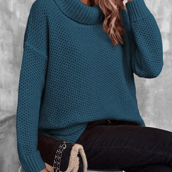 Blue Casual Womens Turtleneck Drop Shoulder Pointelle Knit Sweater - Picture 5 of 5